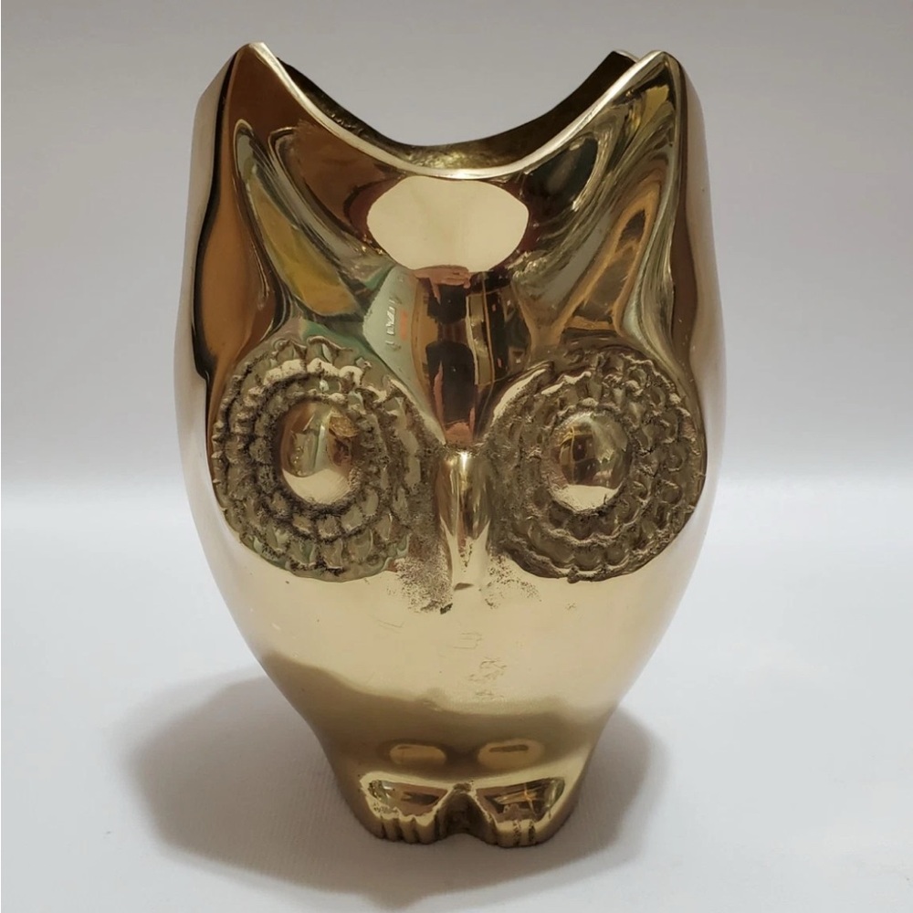 Vintage Mid Century Brass Owl Vase, Planter, 2 Sided Face, 6x5, Decorative